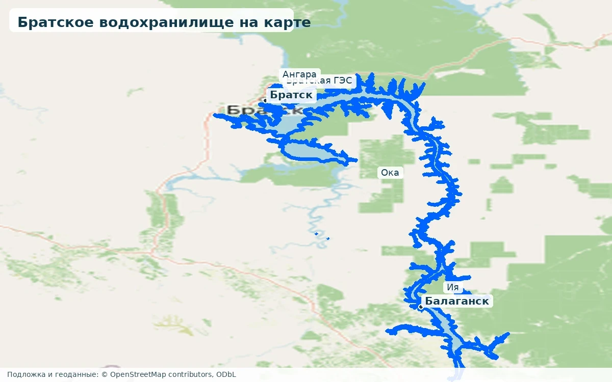 Братское водохранилище на карте с Ангарой, Окой, Ией, Братском и плотиной