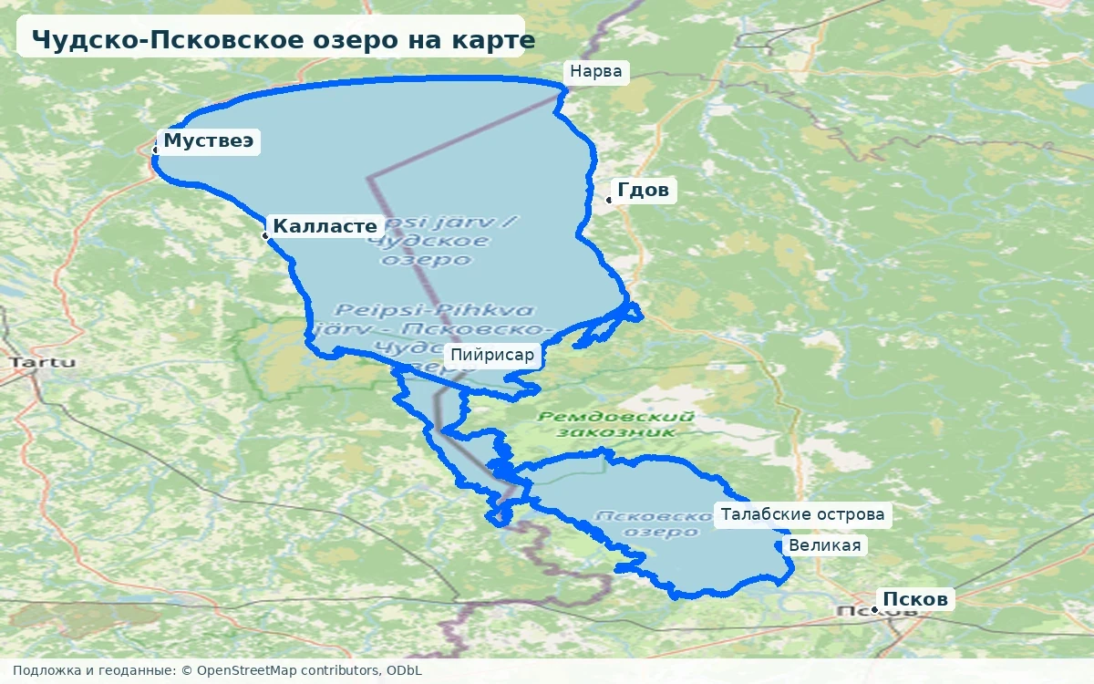 Чудско-Псковское озеро на карте с Псковом, Гдовом, Муствеэ, реками и островами