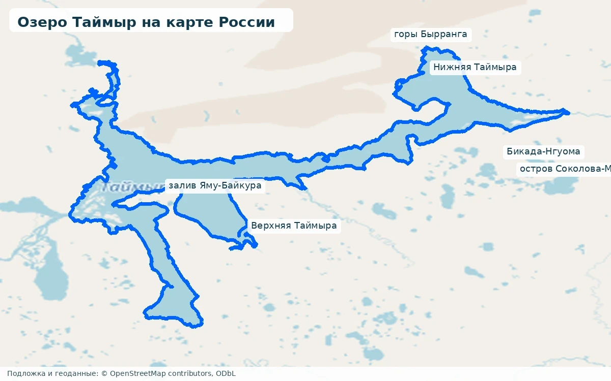 Озеро Таймыр на карте с Верхней и Нижней Таймырой, Быррангой и заливами