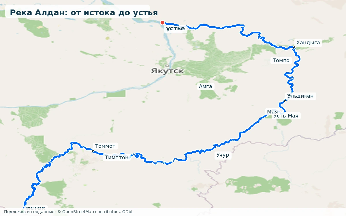 Карта реки Алдан в Якутии от истока до устья с притоками