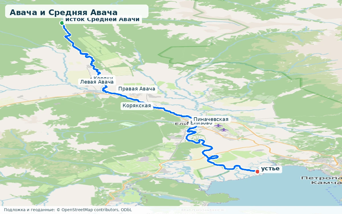 Карта реки Авача и Средней Авачи от Верхне-Авачинского озера до Авачинской губы