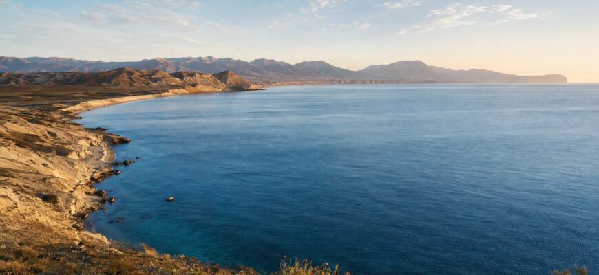 Панорамный вид на Каспийское море и гористое побережье