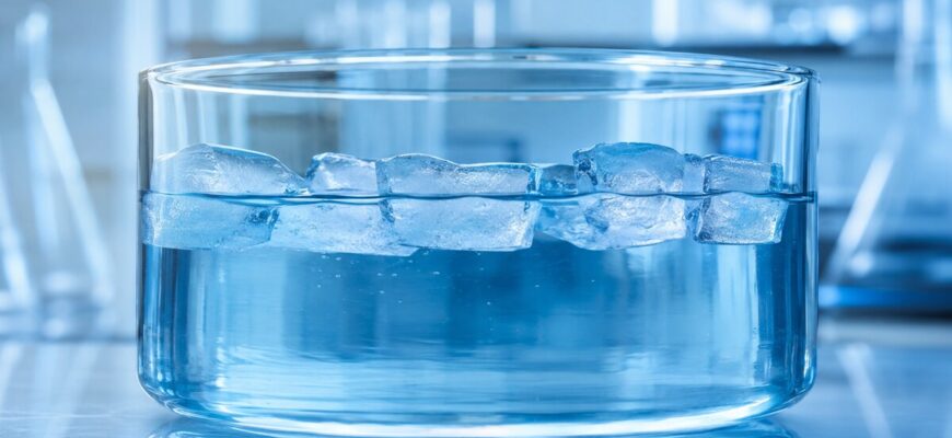 Прозрачный лёд плавает на поверхности воды в лабораторном сосуде