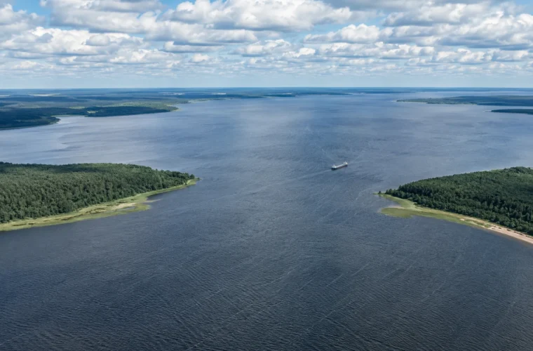 Панорама Рыбинского водохранилища с судном