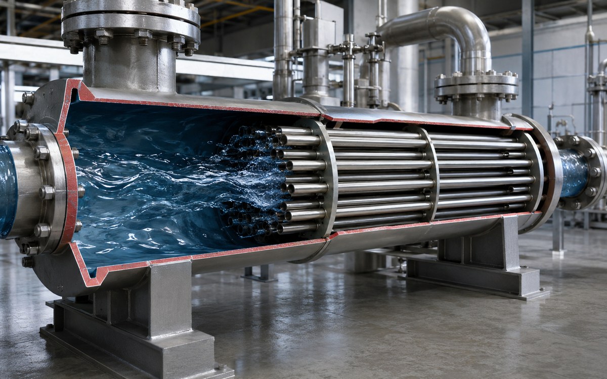 Поток воды внутри промышленного теплообменника