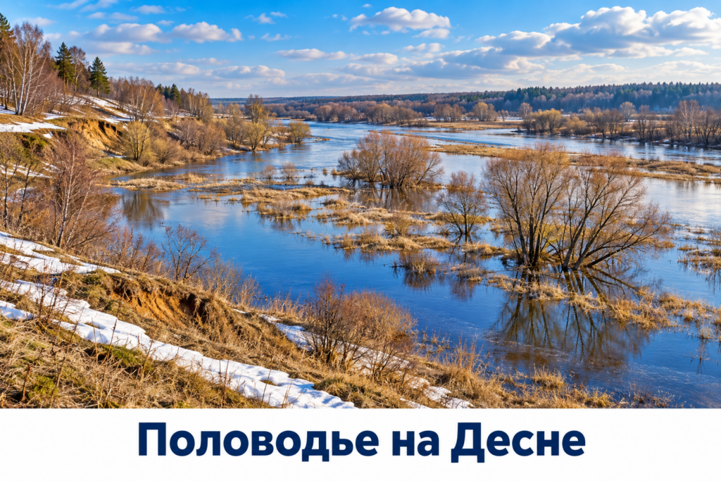 Весенний разлив небольшой реки на пойменном лугу