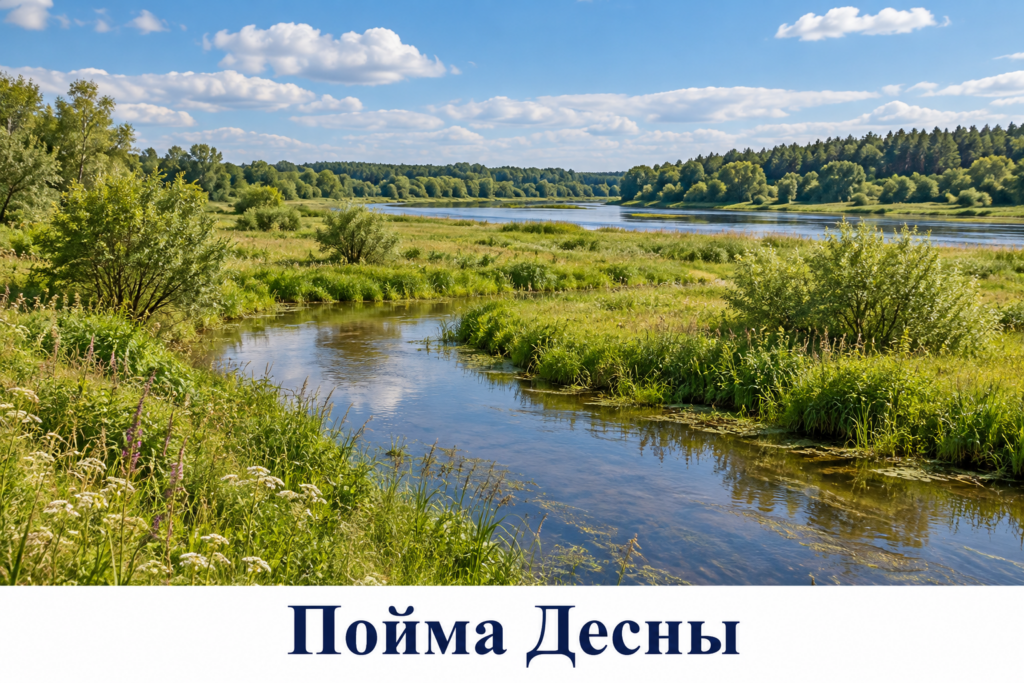 Луговая пойма небольшой реки с ивами и прибрежными травами