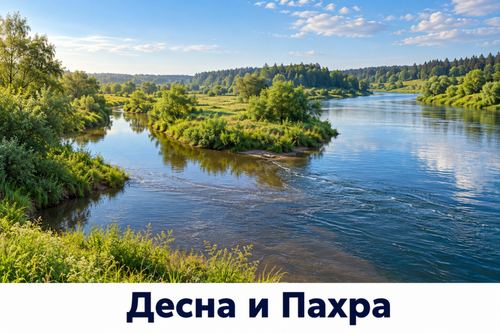 Соединение меньшей и большей рек среди лугов и деревьев