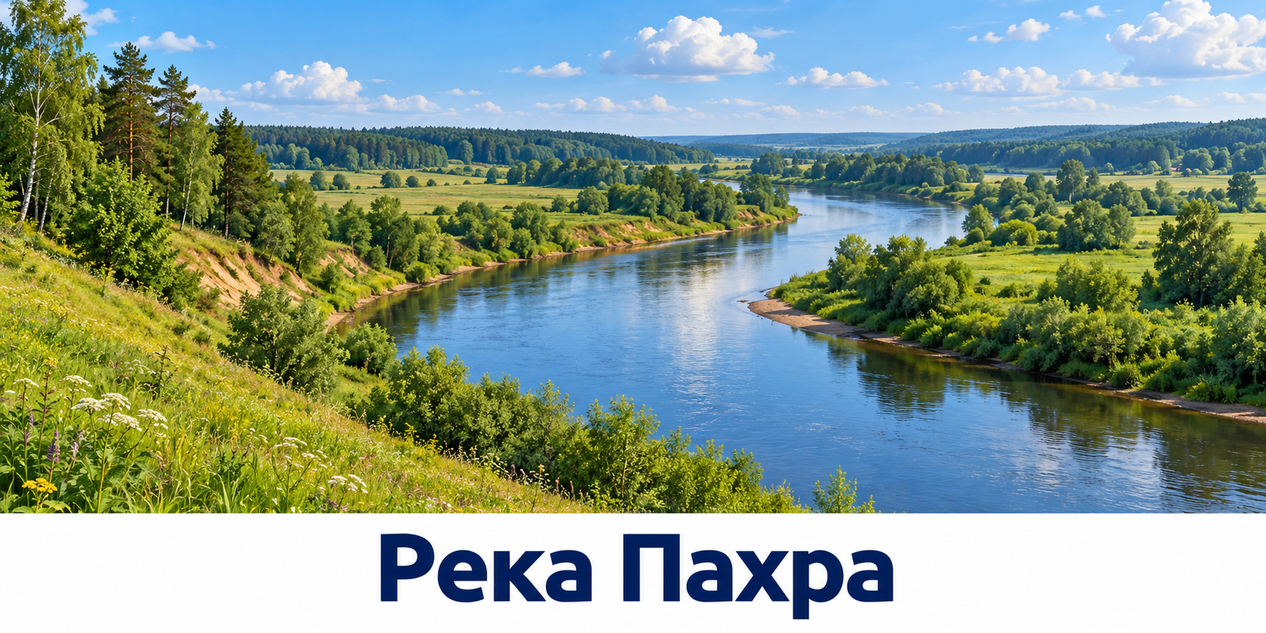 Пахра в зелёной долине среди лесистых берегов и лугов