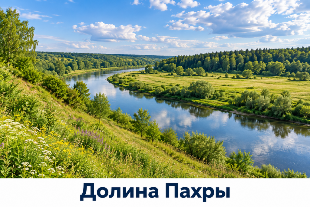Равнинная речная долина с высоким лесистым склоном и низким лугом