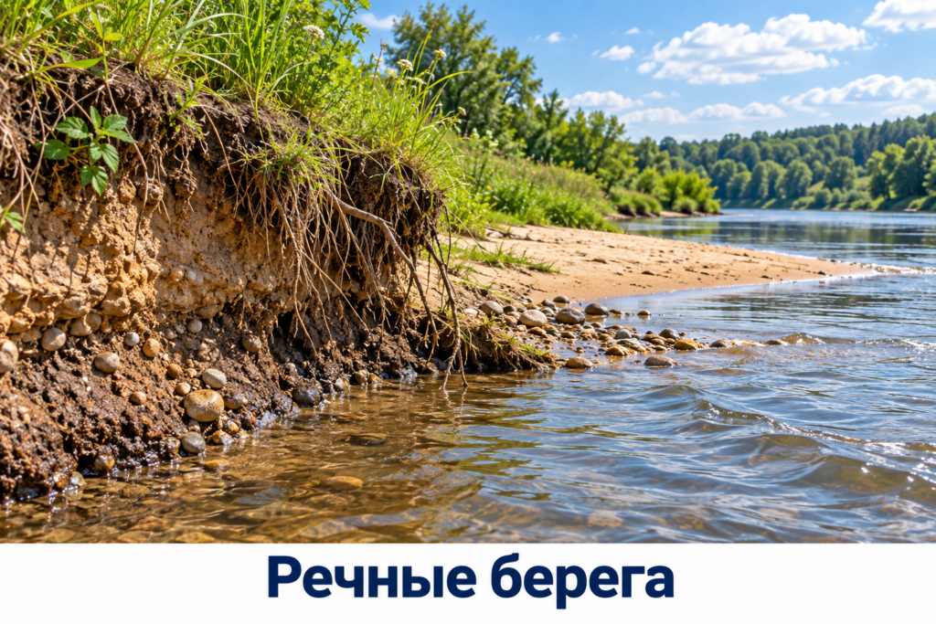 Размытый речной берег с корнями, песком и небольшими камнями