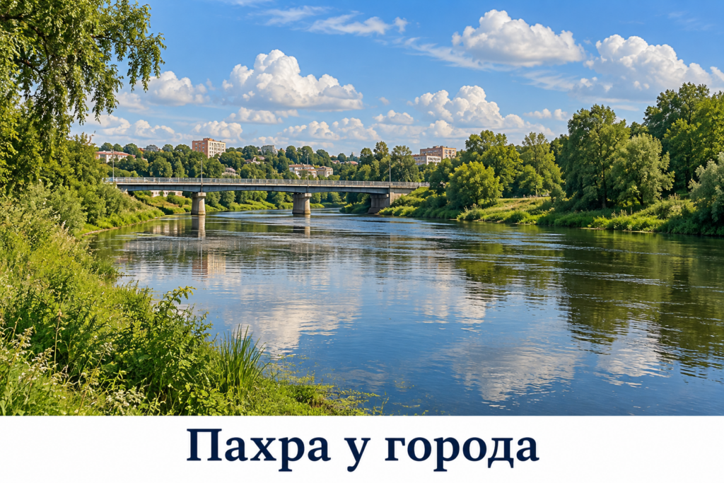 Река рядом с городской застройкой и невысоким мостом