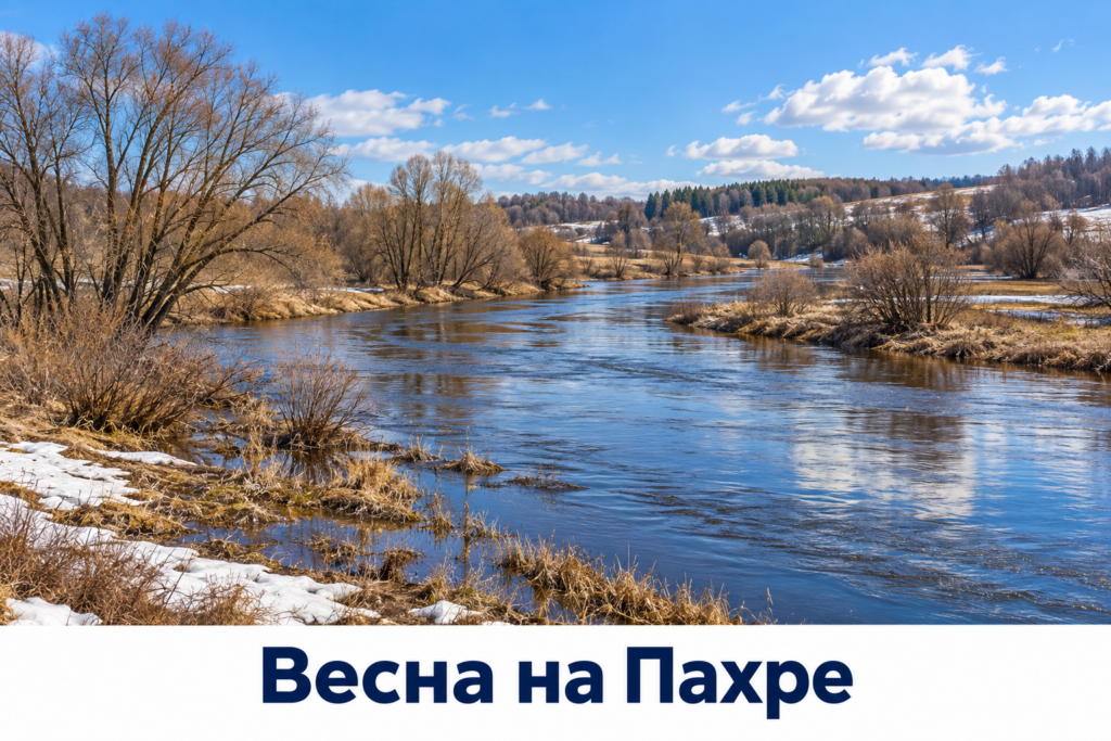 Весенняя высокая вода у луговых берегов с голыми ивами