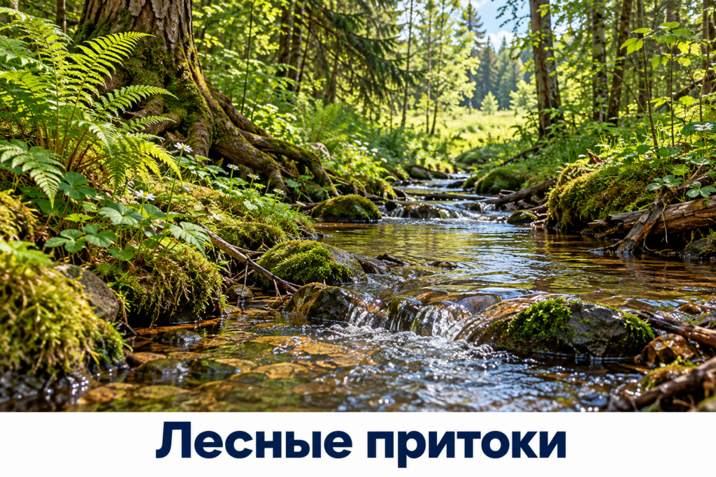 Лесной приток с небольшими перекатами и деревьями у воды