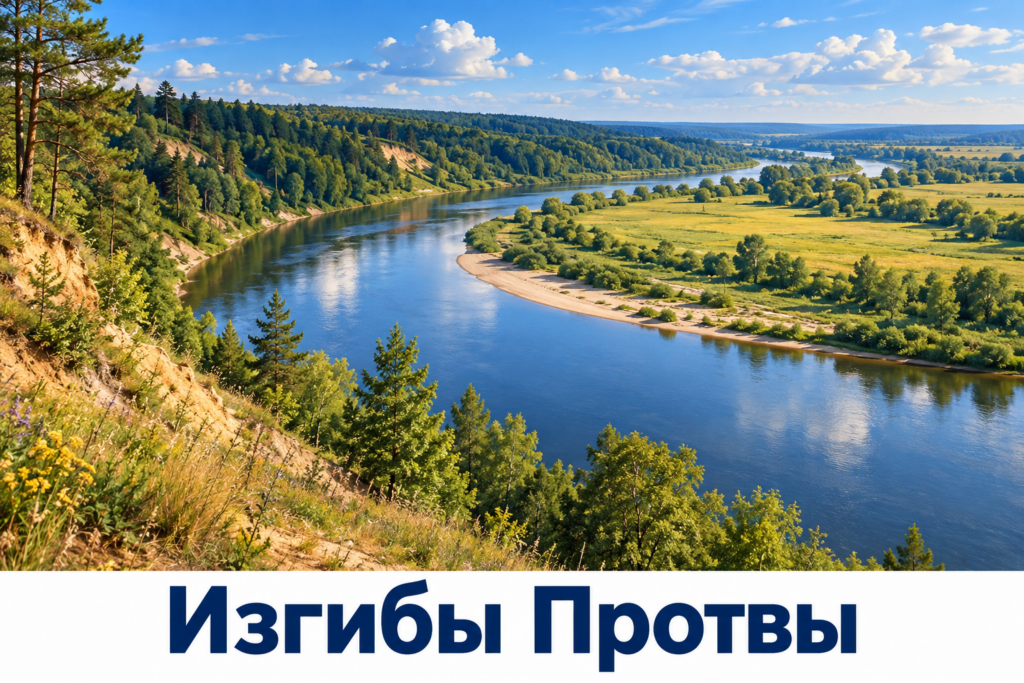 Большой изгиб равнинной реки с лесистым высоким берегом и песчаной отмелью