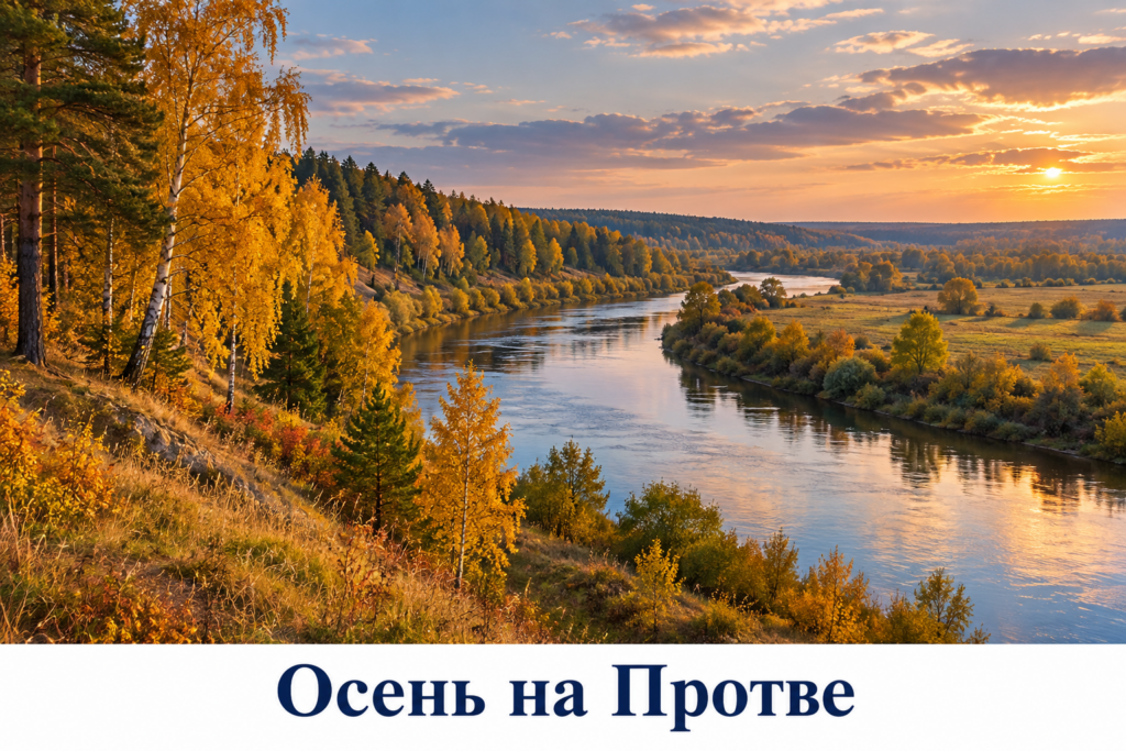 Осенний изгиб Протвы с золотистыми берёзами и тёмными соснами