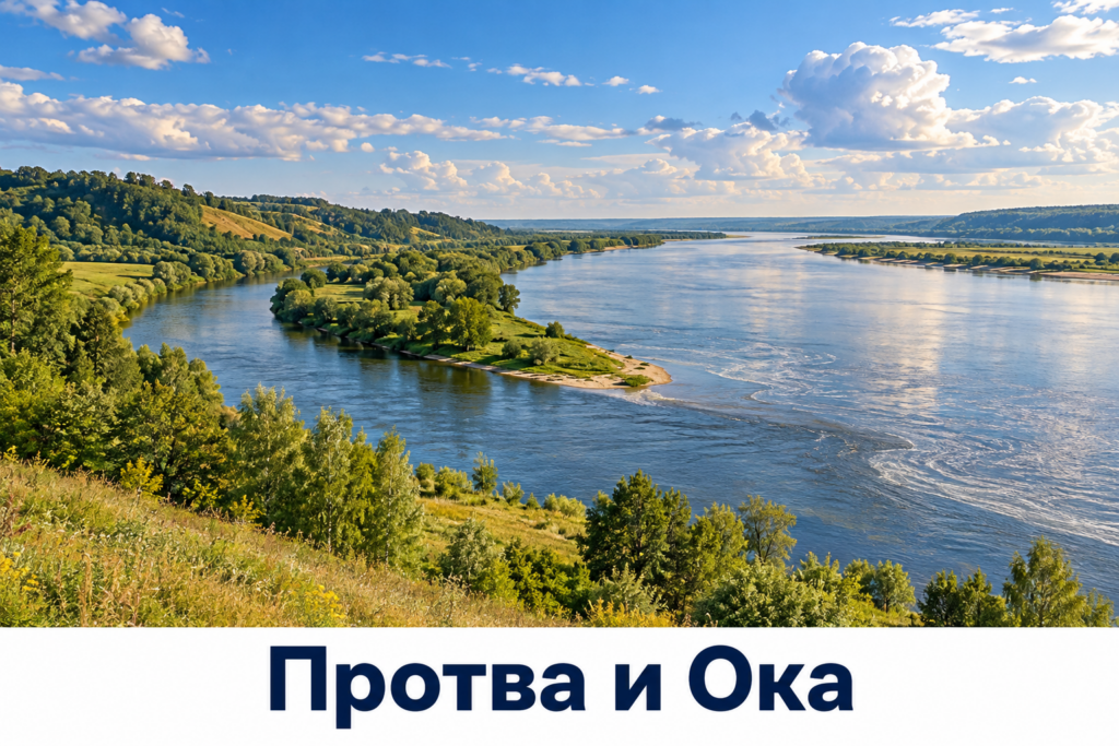 Соединение средней реки с более широкой рекой среди лугов и лесистых холмов