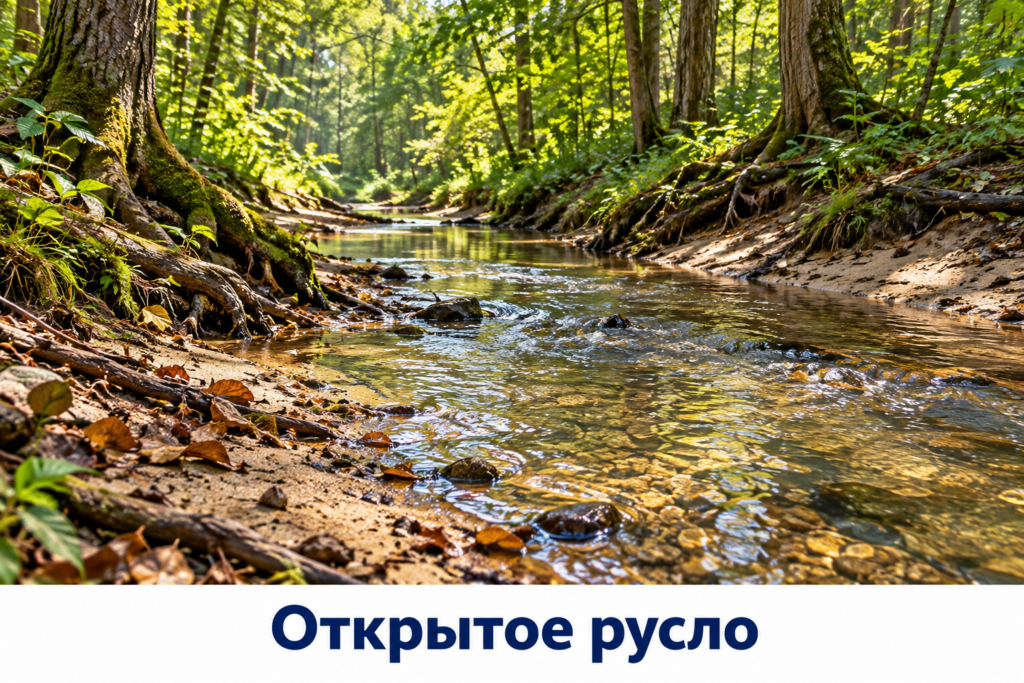 Узкий ручей среди корней и лиственных деревьев