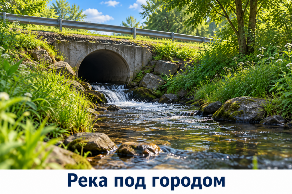 Небольшой поток выходит из водопропускного сооружения в зелёную долину