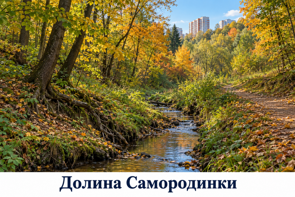 Осенняя лесная долина с небольшим ручьём и городскими домами вдали