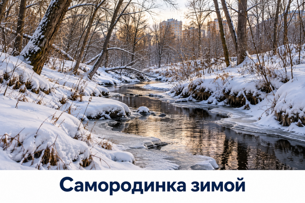 Маленькая городская река между заснеженными берегами и голыми деревьями
