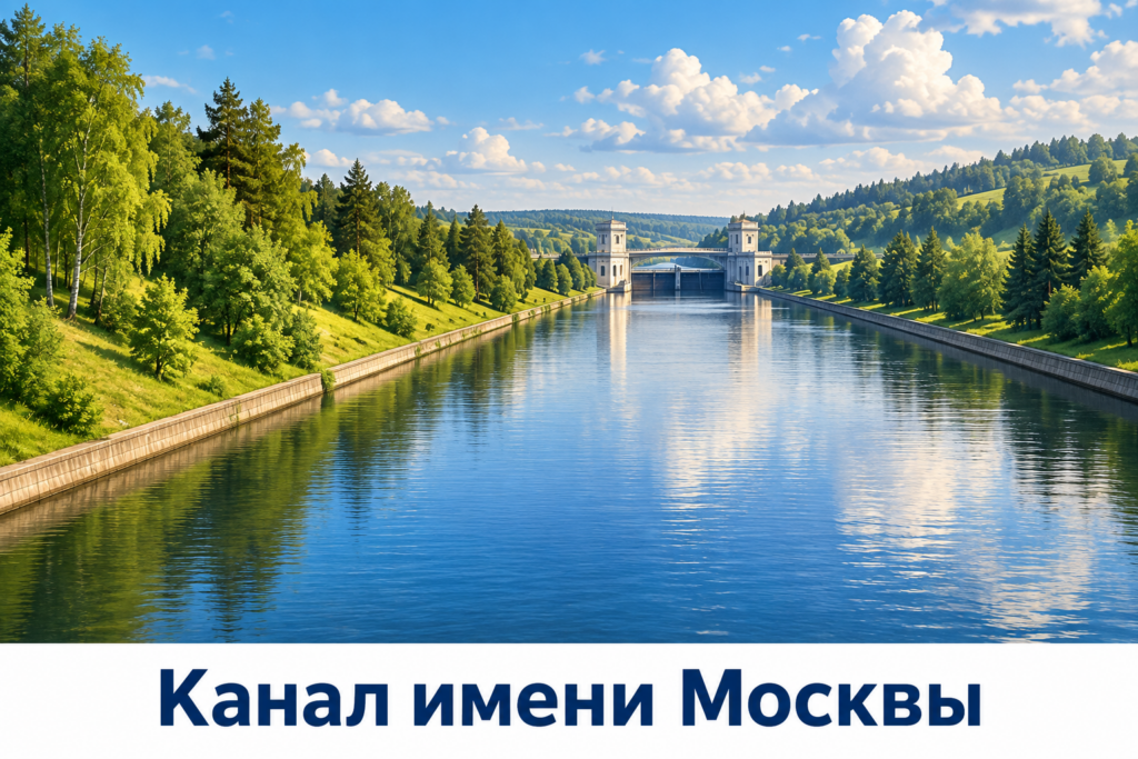 Прямой искусственный водный канал с укреплёнными берегами и гидротехническим сооружением вдали
