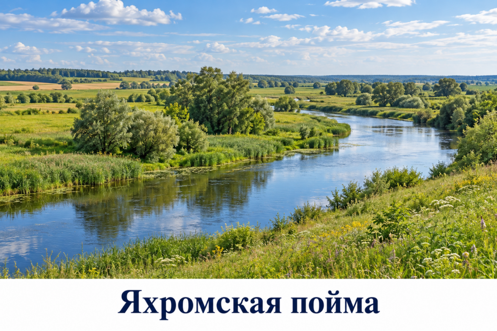 Широкая плоская долина с небольшой рекой, лугами и полями
