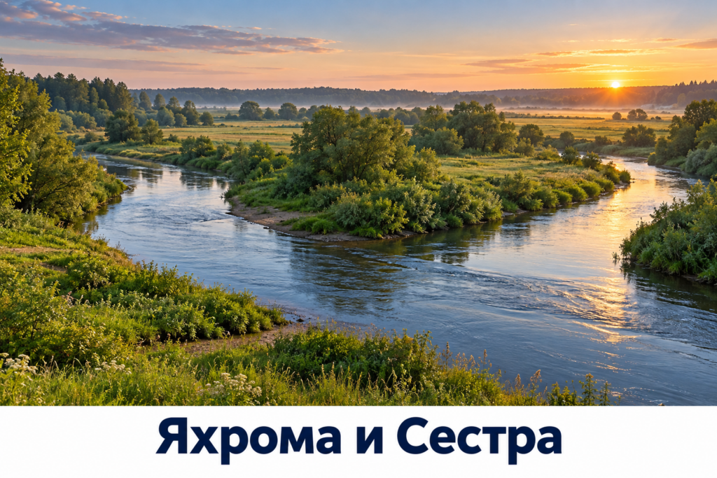 Слияние двух небольших рек среди низких лугов и ив