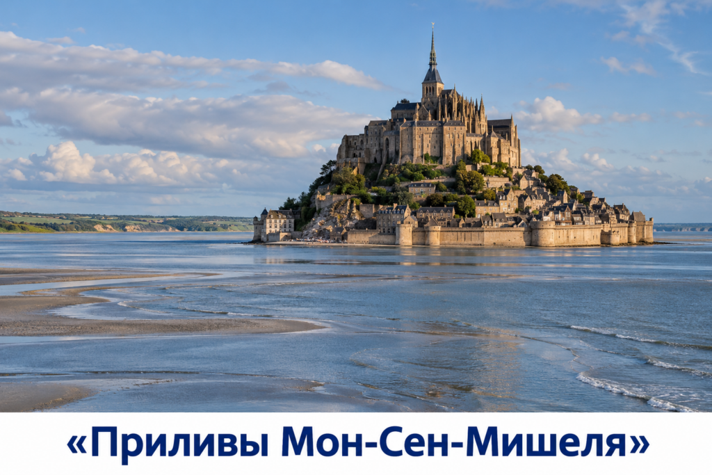 Мон-Сен-Мишель среди воды и приливных отмелей на французском берегу Ла-Манша