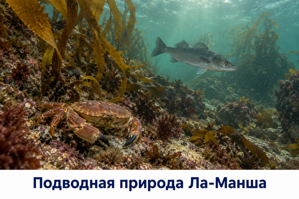 Бурые водоросли, рыбы и краб на каменистом дне Ла-Манша