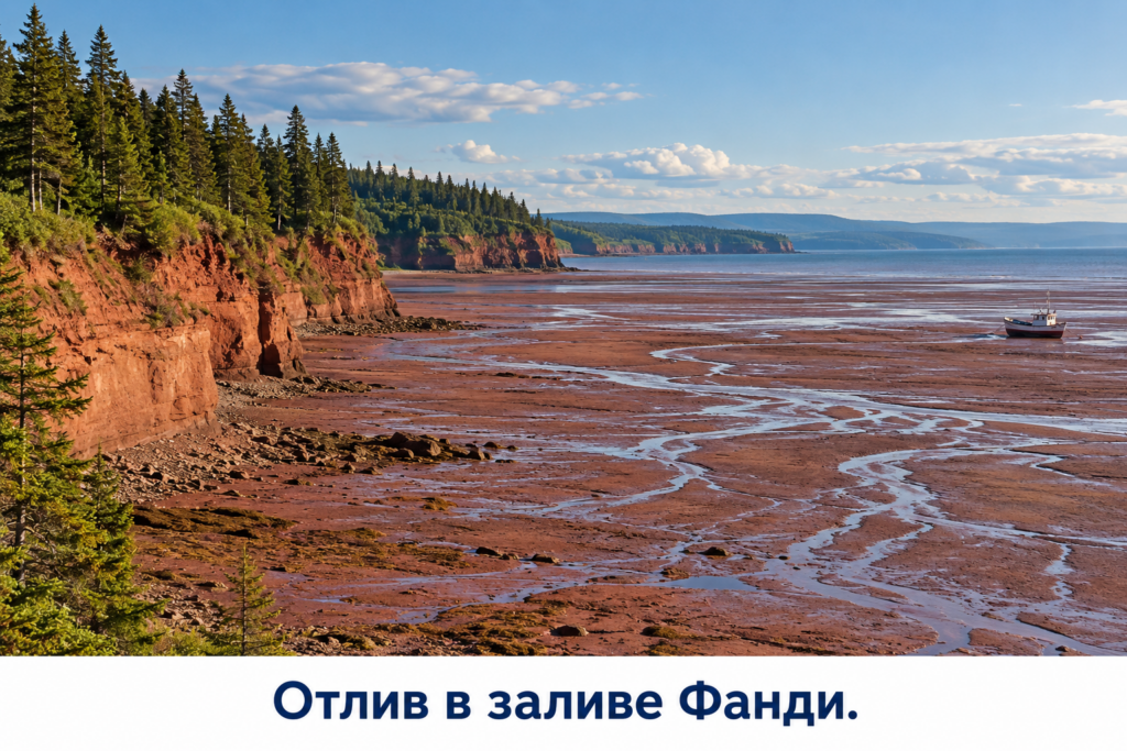 Обнажившееся при отливе илистое дно и красноватые скалы залива Фанди