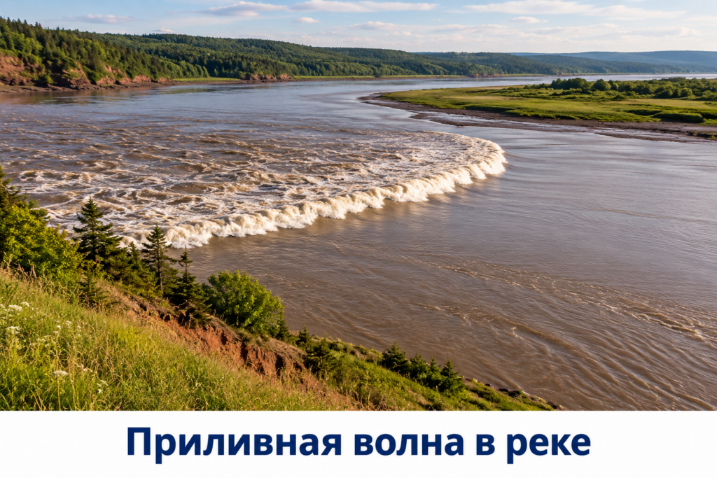 Приливной бор поднимается по устью реки у залива Фанди