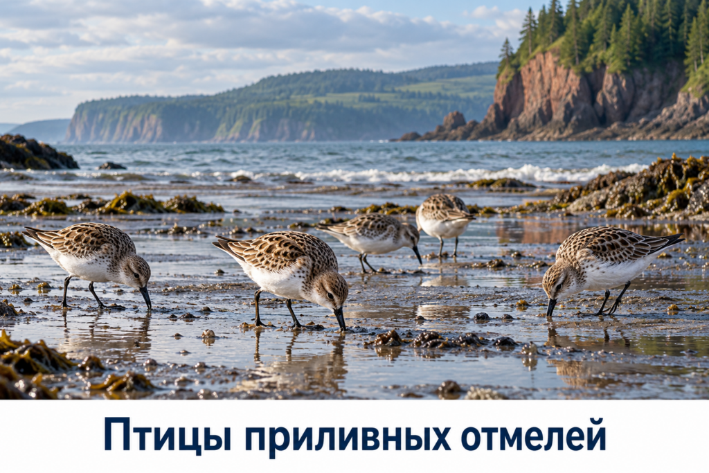 Кулики кормятся на приливной отмели залива Фанди