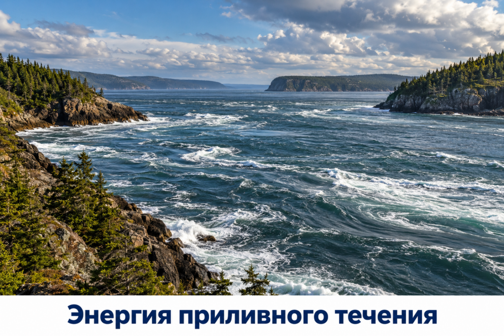 Сильное приливное течение среди скалистых берегов Фанди
