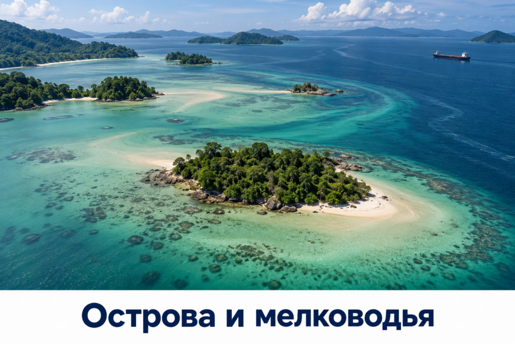 Мелководные участки и движение воды у островов Малаккского пролива