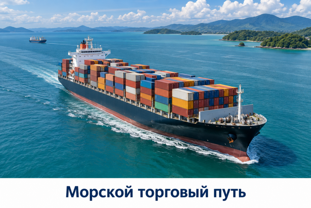 Контейнеровоз на морском пути через Малаккский пролив