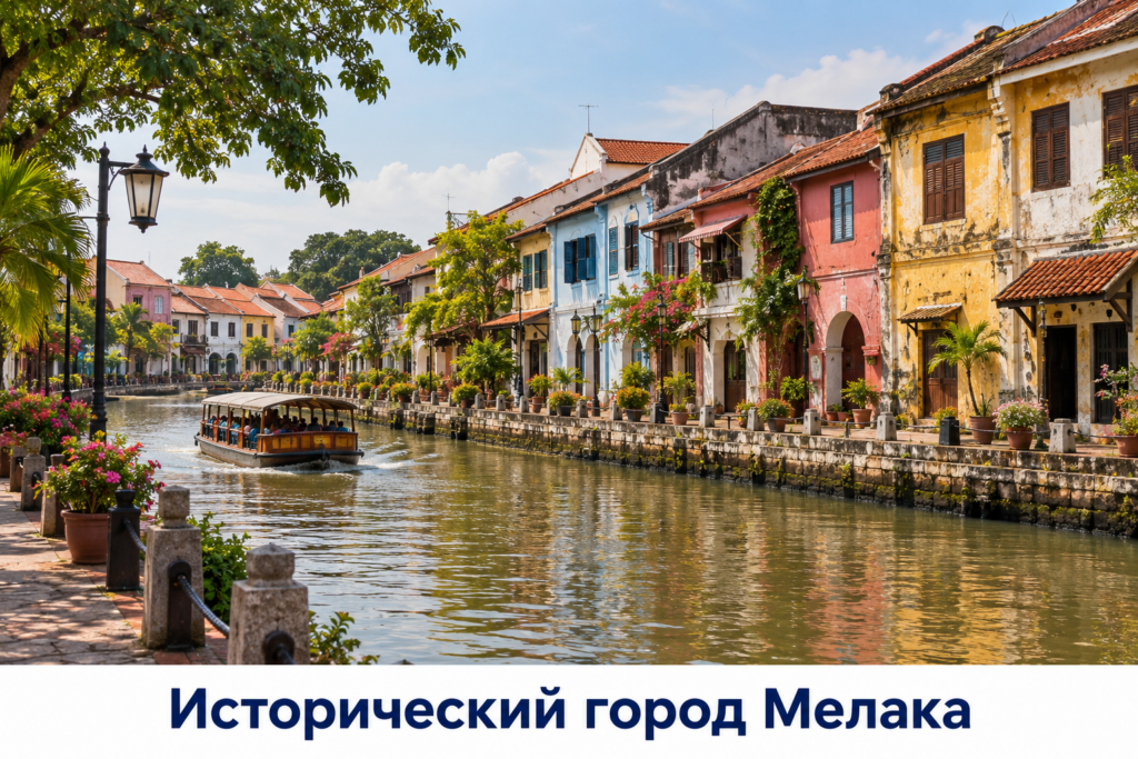 Исторические торговые постройки и речной берег города Мелака