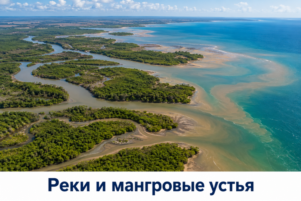 Мангровые островки и протоки речного устья на побережье Мозамбика