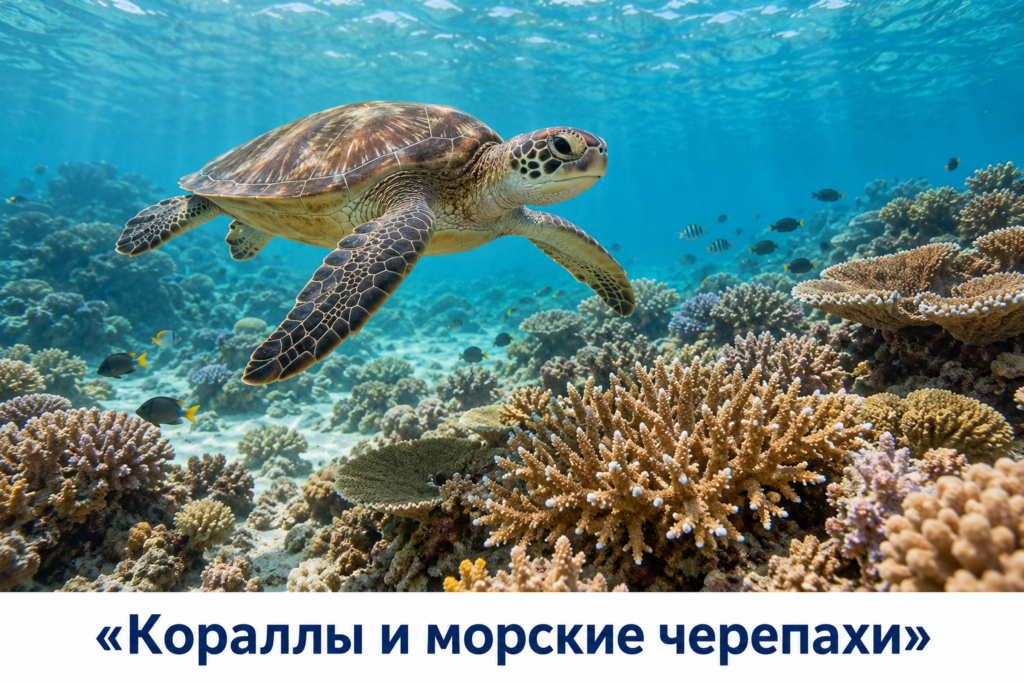 Зелёная морская черепаха и кораллы у мелководных островов Мозамбикского пролива
