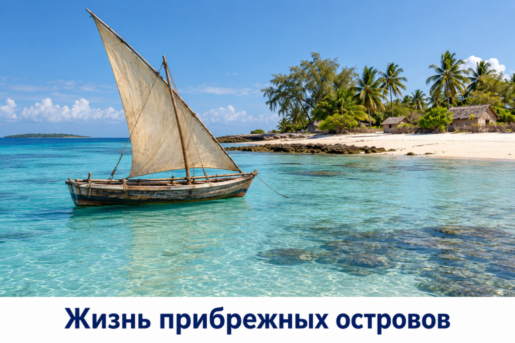 Парусная лодка у песчаного острова на побережье Мозамбикского пролива
